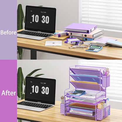 Simple Trending 7 Tier Desk File Organizer, Letter Tray Paper Organizer with Pen Holder and Metal Hanging Basket, Purple - color: 7 Tier Purple