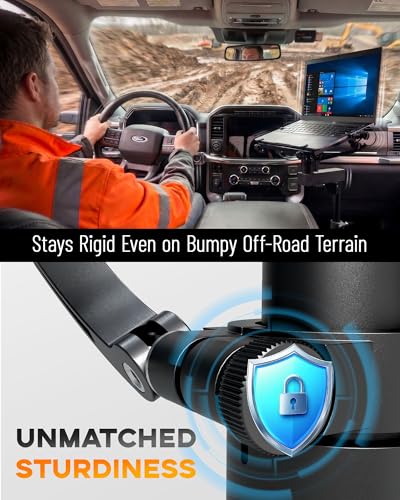 Truck Laptop Mount for Cars, Vans, Vehicles, No-Drill Computer Stand with Adjustable Height, Full Motion Swivel, Heavy-Duty Laptop Holder for Mobile Work