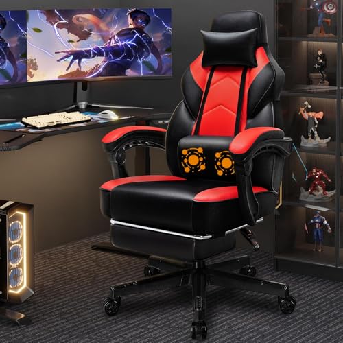 Gaming Chair with Footrest, Massage Lumbar Support, Height Adjustment, and 360° Swivel Seat. Ergonomic Design for Gaming - color: Red
