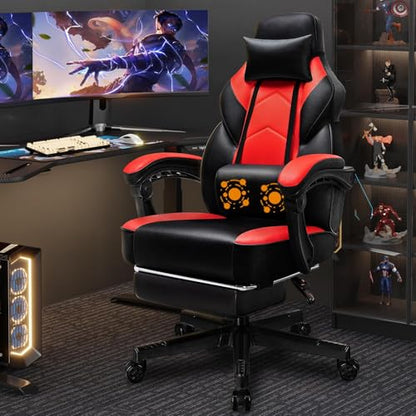Gaming Chair with Footrest, Massage Lumbar Support, Height Adjustment, and 360° Swivel Seat. Ergonomic Design for Gaming - color: Red