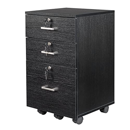 2 Drawer File Cabinet with Lock, Wood File Cabinet for Letter Size File Folders, Rolling File Cabinets with Deep Drawer Storage for Under The Desk, Mobile Filing Cabinet Printer Stand (Black)