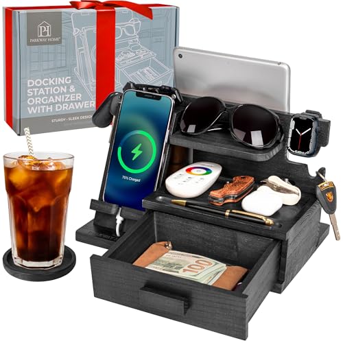 Parkway Home Black Wood Phone Docking Station with Drawer, Compatible with Apple Watch - Wood Charging Station Organizer Stand, Bedside Nightstand Organizer for Men, Holds, Tablet, Glasses, Keys, EDC - color: Black, size: Organizer with Drawer