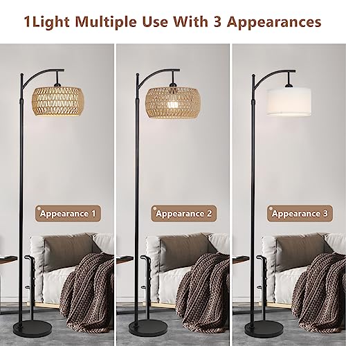 Arc Floor Lamp with Remote Control, Dimmable LED Floor Lamp with 3 Color Temperature, Black Standing Lamp with Rattan & Fabric Double Drum Shade, Boho Farmhouse Tall Pole Lamp for Living Room Bedroom - style: Bohemian