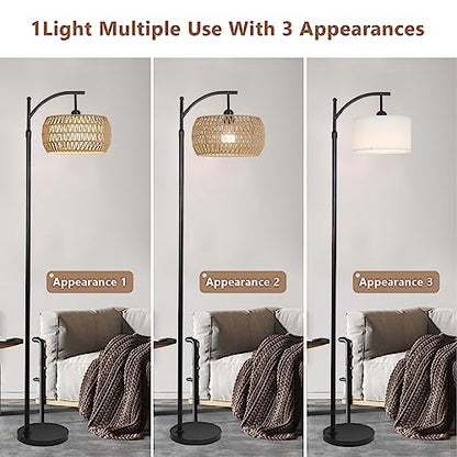 Arc Floor Lamp with Remote Control, Dimmable LED Floor Lamp with 3 Color Temperature, Black Standing Lamp with Rattan & Fabric Double Drum Shade, Boho Farmhouse Tall Pole Lamp for Living Room Bedroom - style: Bohemian