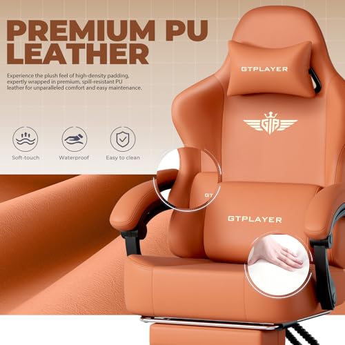 GTPLAYER Big and Tall Gaming Chair 400lbs Heavy Duty Office Chair with Footrest, High Back Pocket Spring Ergonomic Computer Chair for Adults, Wide Seated Cushion with Linkage Armrests,Leather Orange - color: Dark Orange