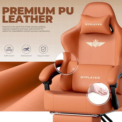 GTPLAYER Big and Tall Gaming Chair 400lbs Heavy Duty Office Chair with Footrest, High Back Pocket Spring Ergonomic Computer Chair for Adults, Wide Seated Cushion with Linkage Armrests,Leather Orange - color: Dark Orange