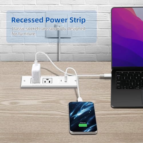 Furniture Recessed Power Strip, Recessed Desk Outlet with USB-A USB-C, in Conference Desk Recessed Power Outlets Socket, Desktop Power Grommet with 1.5M/4.92FT Power Cord - color: White