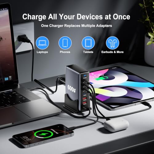 600W Fast Charging 8 Port USB C Charger Block with Nylon Fast Charging Cable, Multi-Device Charging Station Wall Desktop Charger with GaN Ⅲ Technology, USB-C Charger Adapter for MacBook/iPad/iPhone 17 - size: 600W+240W Fast Charging Cable Braided Nylon