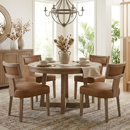 HNY Mid Century Modern Dining Chairs Set of 2, Farmhouse PU Leather Upholstered Accent Chairs Curved Nailhead Trim Backrest Kitchen Chairs, with Hardwood Frame, Brown - color: Brown Nailhead