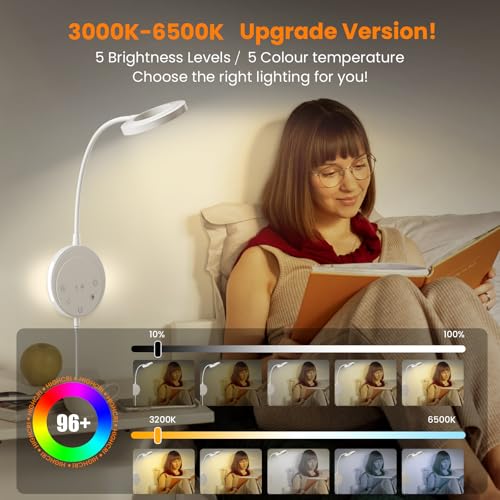 Wall Mounted Reading Light,Bedside Headboard Lights with 5 Color Temperature &5 Dimming,360°Flexible Gooseneck,USB Output, Night Light&Timer Function- Perfect for Reading (White) - color: White