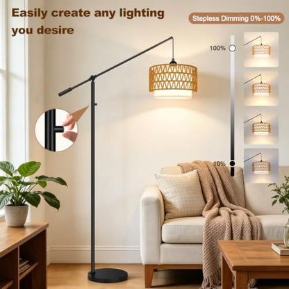 【Upgraded】Boho Dimmable Floor Lamps with Adjustable Swing Arm, 1100 Lumens Bulb Included, Modern Standing Lamp with Rattan & Fabric Shades, Rattan Tall Arc Floor Lamp for Living Room Bedroom, Black - color: Farmhouse-Matte Black