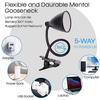GlowVibe Desk Lamp 3 Color Modes 10 Brightness Dimmer Reading Light 10W 40 LED Clamp Lamp 360° Flexible Neck Clip on Light for Bedroom and Office Home Lighting, AC Adapter Include - color: Black