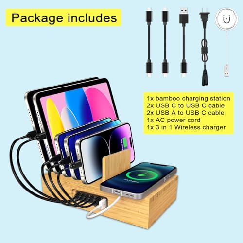 6 Port USB Charging Station for Multiple Devices 200W USB C Laptop Charger for MacBook Tablet 15W 3-in-1 Wireless Charger for iPhone/Apple Watch/AirPods Bamboo Charging Station Organzier