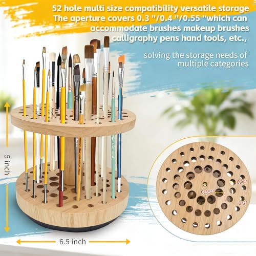 Rotating Paint Brush Holder, 360° Smooth Rot Hardwood Artist Organizer - color: Yellow（52 Holes）