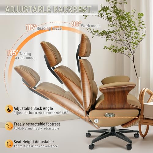 Ergonomic Leather Office Chair,Electric Recline/Footrest/Massage | 90-135° recline, footrest, 3-level massage, S-curve support, fits 5'3-6'1, solid wood, all-day comfort for home office,brown - color: Brown