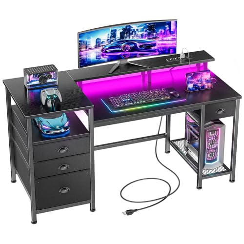 Furologee 52" Gaming Desk with 4 Drawers & LED Lights, Power Outlet, Black - color: Black, size: 52 Inch