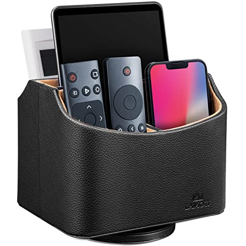 LAMOTI Leather Remote Control Holder, 360° Spinning TV Remote Caddy for Table, 5-Compartment Desk Organizer for Universal Remotes, Phones, Tablets, Pens, Eyeglasses & More (Black) - color: Black