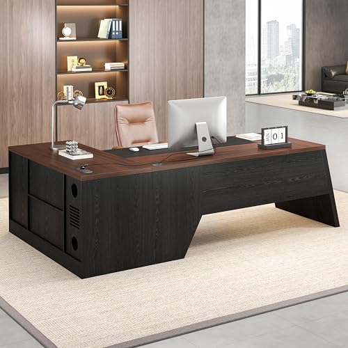 78-Inch L-Shaped Executive Desk with Drawer, Walnut Brown Black | Large Home Office Desk with Cord Hold and Power Outlet, Modern Computer Table with File Cabinet,Open Shelf and PC Stand - color: Walnut