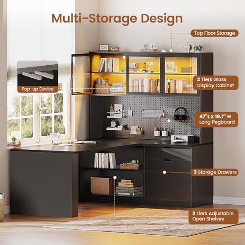 SEDETA L Shaped Corner Gaming Desk with 3 Wood Drawer and Large Bookshelf - color: Black