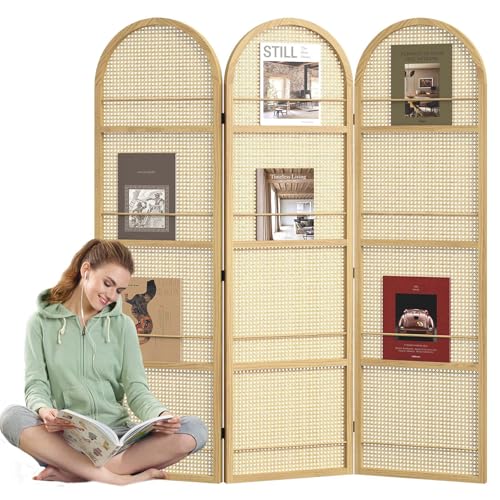 Rattan Room Divider with Built-in Bookshelf | Foldable Privacy Screen & Portable Partition for Home Office, Bedroom, Reading Nook | Wooden Frame, Freestanding Design (Natural-Rattan) - color: Natural-rattan, size: 3 Panels