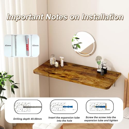 Rustic Wall Mounted Folding Table, Solid Wood Floating Shelf with Stainless Steel Brackets, Space Saving Desk for Home Office, Kitchen, Dining, Bar, Laundry Room(100X40cm/39.37"X15.75") - size: 100