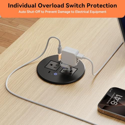 3-1/8" Desktop Power Grommet with Overload Protection Switch, 2 PD 20W USB-C Fast Charging, 2 QC3.0 18W USB-A, Recessed Outlet, Flush-Mount Power Grommet for Home Office