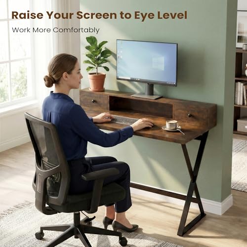 Manora Computer Desk with Drawers and Monitor Stand, 47" Home Office Desk with Storage Shelf, Rustic Brown Writing Study Table with Metal Frame for Bedroom, Workstation for Laptop PC
