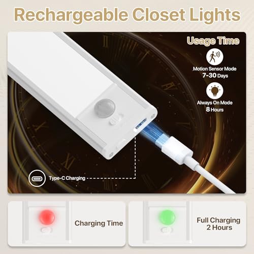 Rechargeable Under Cabinet Llighting Wireless Motion Sensor, 2 Pack | Magnetic 8 Inch Closet Lights Battery Operated 3 Color Dimmable, for Kitchen Counter Stairs