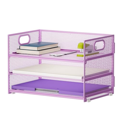 Marbrasse 3 Tier Paper Organizer Letter Tray, Mesh File Organizer with Handle, Paper Sorter Desk Organizer for Home Office Supplies(Purple) - color: Purple