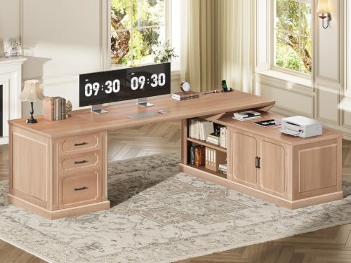 SEDETA Farmhouse L Shaped Desk with Drawers, 70.9" Home Office Desk with Storage Cabinet and Storage Shelves, L Shaped Computer Desk with Power Outlet，Oak - color: Oak, size: 70.9" L Shaped Desk