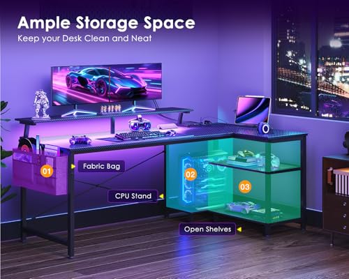 ODK 58 Inch L Shaped Gaming Desk with LED Lights, Power Outlets, Black - size: 58 Inch