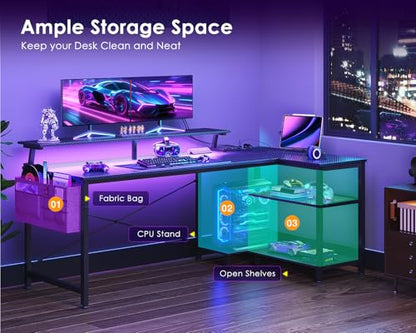 ODK 58 Inch L Shaped Gaming Desk with LED Lights, Power Outlets, Black - size: 58 Inch