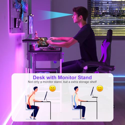 X-cosrack 33.5" Small Gaming Desk with LED Lights & Power Outlets, Drawers - color: Carbon Fiber Black, size: 33.5" with Monitor Stand