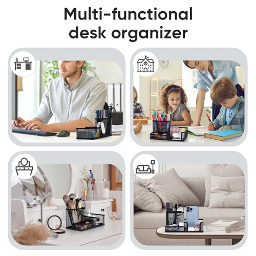 deli Mesh Desk Organizer Office Supplies Caddy with Pencil Holder and Storage Baskets for Desktop Accessories, 3 Compartments, Black