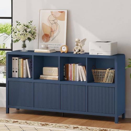 8 Cube Bookcase with 4 Doors, Wooden Bookshelf with Storage Cabinet, Low Horizontal Storage Book Shelf for Home Office, Living Room, Dining (57 Inch Blue) - color: Blue With 4 Doors
