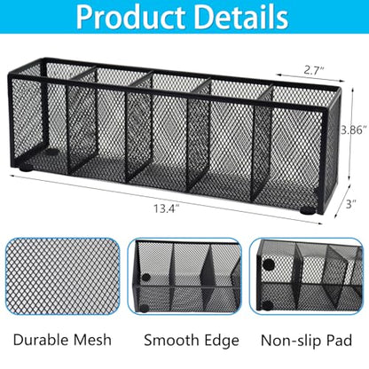 2PCS Black Mesh Pen Pencil Holder, Small Metal Desk Organizer Desktop Stationery Office Supplies Acessories Storage Stand, 5 Compartments Brushes Holder for Home School Classroom Teachers - size: 2pcs 5 Grids