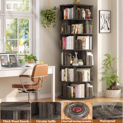 Aheaplus 5 Tier Wood Rotating Bookshelf, 360° Spinning Book Shelf Tower - color: Black Oak, size: 6-Tier