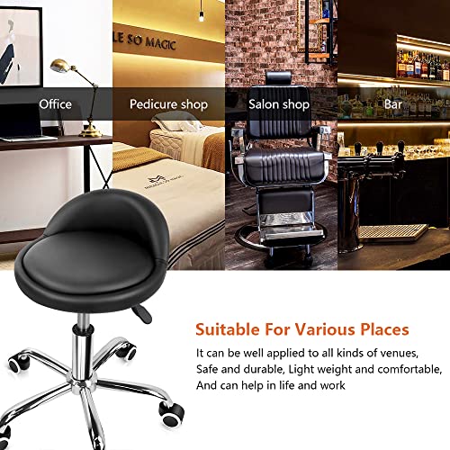 KKTONER PU Leather Round Rolling Stool with Back Rest Height Adjustable Swivel Drafting Work SPA Task Chair with Wheels Black - color: Black