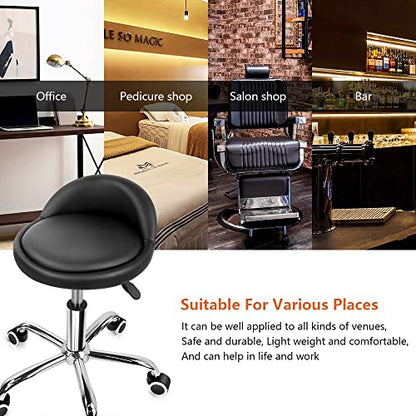 KKTONER PU Leather Round Rolling Stool with Back Rest Height Adjustable Swivel Drafting Work SPA Task Chair with Wheels Black - color: Black