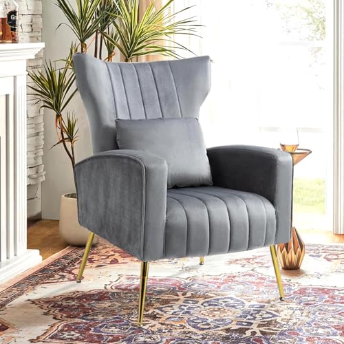 Velvet Accent Chair with High Wingback, Mid-Century Armchair for Living Room Bedroom, Guest Reception Chair for Office, Button-Tufted, Gold Finish, Grey - color: Grey, size: 1PC with Channel Tufted