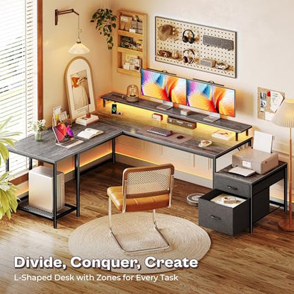 PRAISUN 66" L Shaped Gaming Desk with LED Lights & Power Outlets - color: Grey