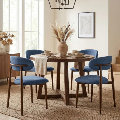 UVV Dining Chairs Set of 6, Metal Kitchen Chairs with Modern Fabric Upholstered for Dining Room, Navy Blue - color: Navy-walnut Grain, size: Set of 6