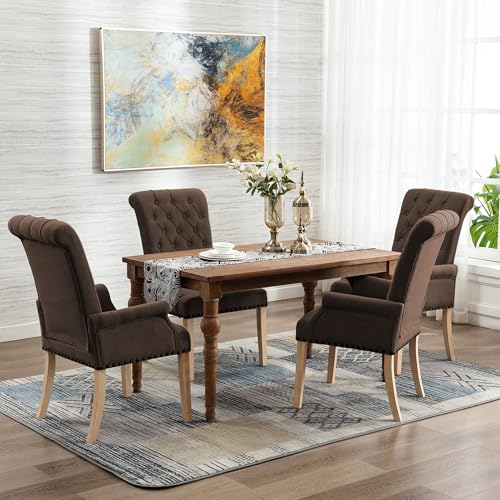 LOULENS Linen Dining Chair with Arms, Tufted Dining Room Chairs, Brown | Solid Wood Legs, Nailhead Trim, Accent Chair, Kitchen Chair - color: Brown-a, size: 1 PCS