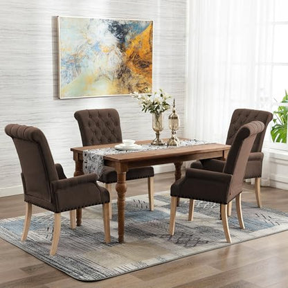 LOULENS Linen Dining Chair with Arms, Tufted Dining Room Chairs, Brown | Solid Wood Legs, Nailhead Trim, Accent Chair, Kitchen Chair - color: Brown-a, size: 1 PCS