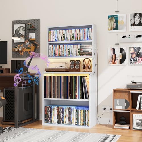OSEILLC Metal 5-Tier Open Bookcase Storage Cabinet with Cable Holes (White) | Heavy-Duty Metal Build,Display Shelf,Sturdy All-Steel Frame,Different Sizes Storage Space,Bookshelf Cd Rack - color: White, size: 55"Hx27.5"Wx11.8"D