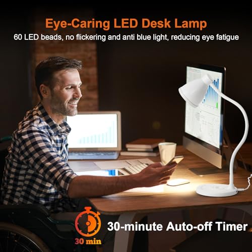 BOHON LED Desk Lamp for Home Office with USB C Charging Wireless Charger - color: White, size: Standard