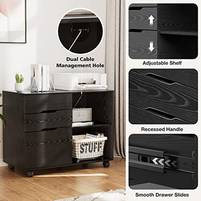 File Cabinet with 3 Drawers, Mobile Lateral Filing Cabinet with Open Storage Shelves for Home Office Under Desk Storage, Black - color: Black