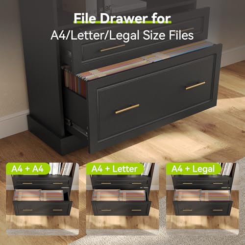 LITTLE TREE 72" Tall Black Bookcase, 5-Tier Office Bookself with File Cabinet Drawers,Modern Floor Standing Storage Filing Cabinet Book Shelf for Living Room,Bedroom(2 Piece,Black) - color: Black