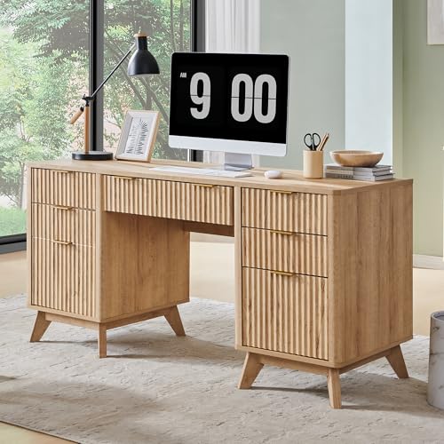 T4TREAM 60-Inch Modern Fluted Executive Desk with Drawers, Natural Oak | Charging Station, File Cabinet, Keyboard Tray, Storage Cabinet, Organized Workspace for Home, Office - color: Natural Oak