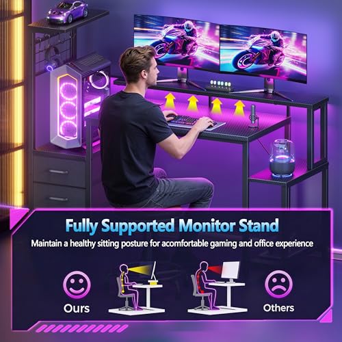 Korfile 48" Gaming Desk with Power Outlet, LED, Carbon Fiber Black Finish - size: 48 Inches